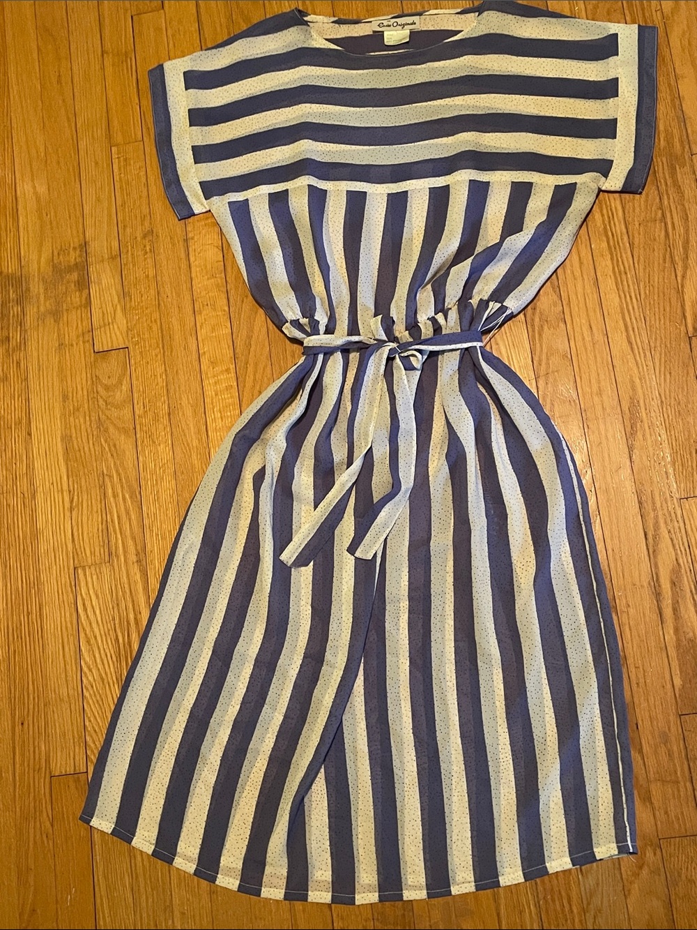 Vintage Eadie John Angels Blue & White Striped Mini Dress with Waist Tie